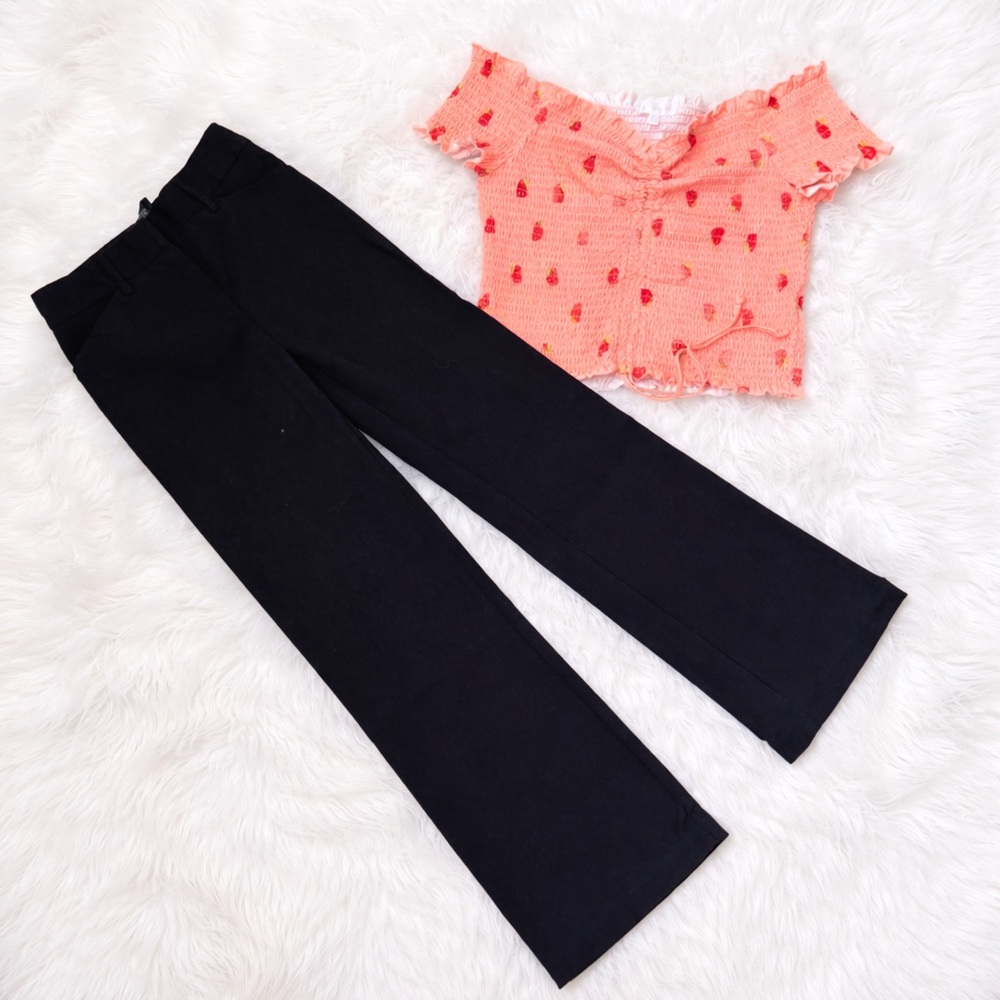 Riley & James Strawberry Smocked Top + IZ Byer Black Wide Leg Pants Outfit NWOT